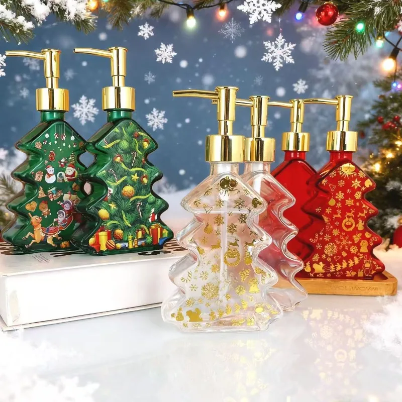 Dispensador de Jabón Portátil de Vidrio con Forma de Árbol de Navidad, Botella Reutilizable con Bomba para Bañera, Decoración Navideña, Botella de Almacenamiento