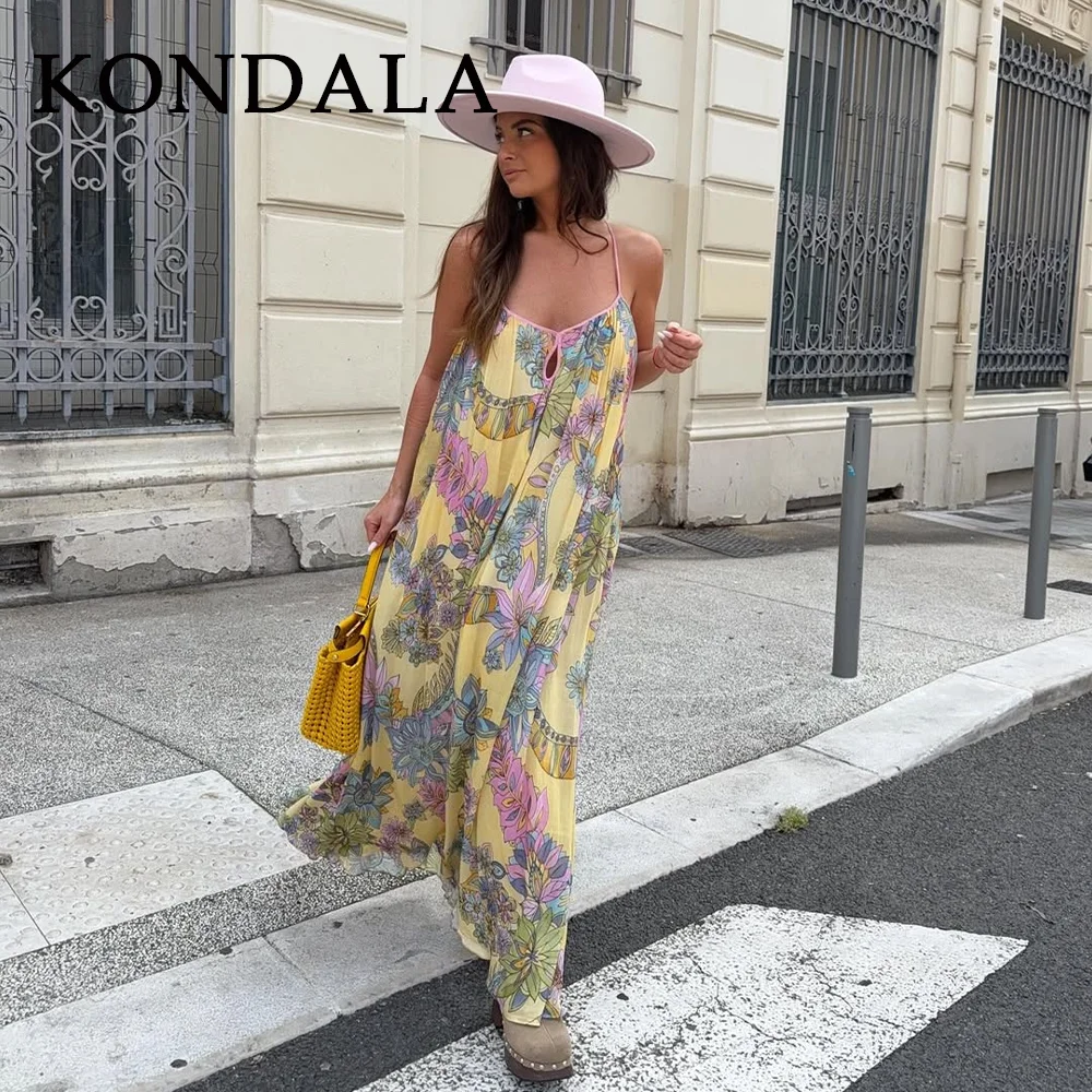 KONDALA 2025, Frühling, Sommer, lässig, bedruckt, Damen-Kleider, modisch, elegant, rückenfrei, ärmellos, trägerlos, lose Damen-Cami-Kleider