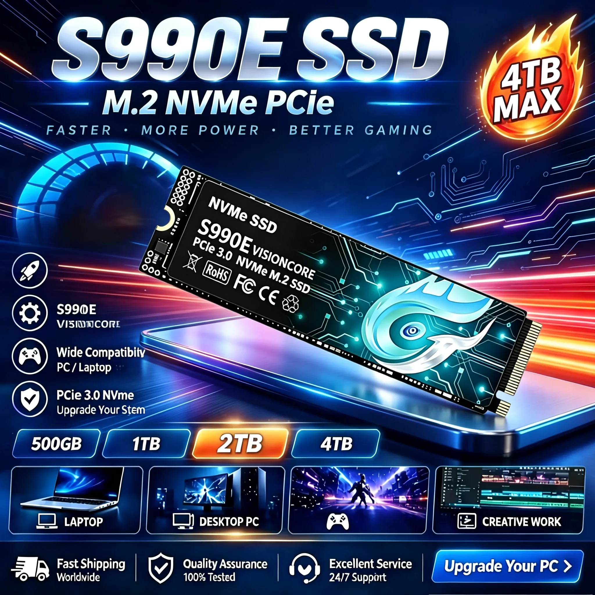 Original S990E High Speed PCIe3.0 500GB-4TB SSD M.2 NVMe Internal Solid State Drive Drive Works for  Laptop PC Hard Disk