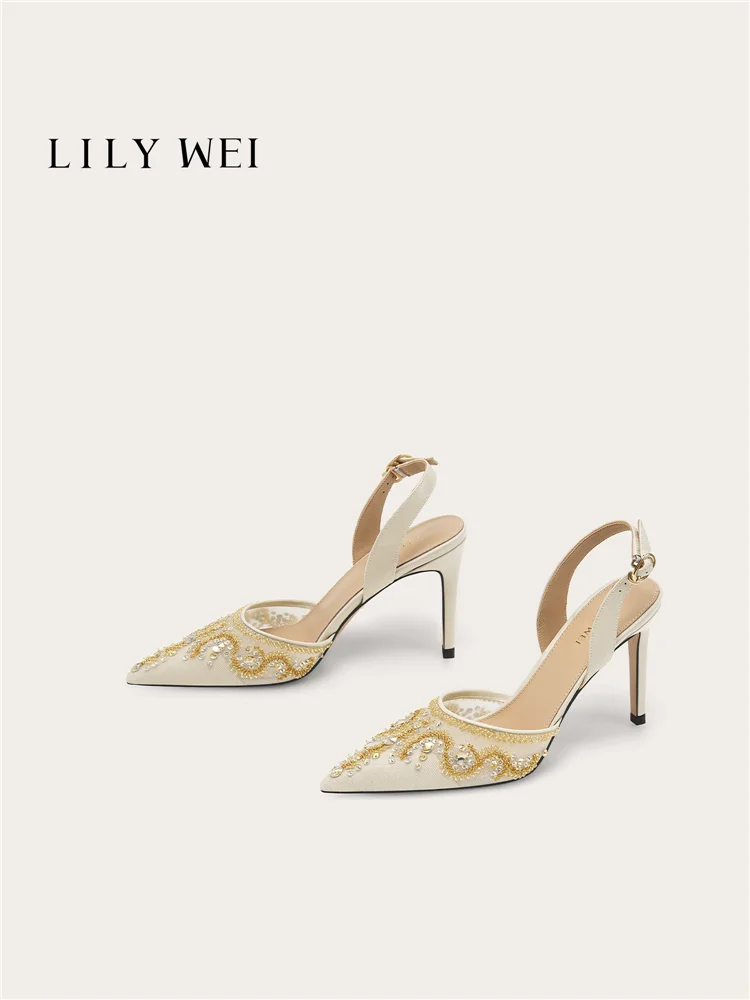 

Summer new style pointed toe mesh beaded rhinestone wedding shoes banquet large size small size stiletto heels women's sandals