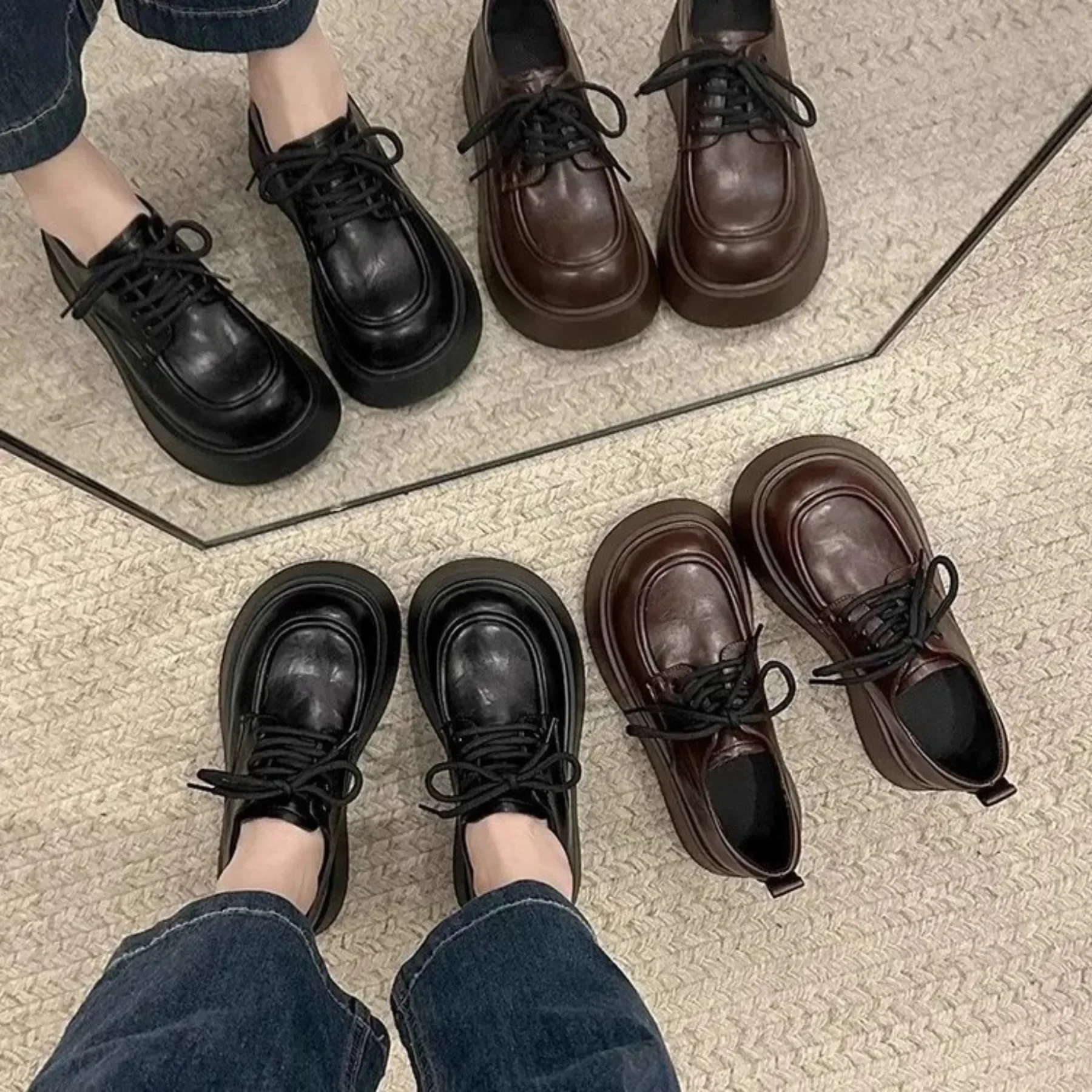New Women Lace‑Up Oxford Shoes  Chunky Block Heel Platform Round Toe Comfort Non‑Slip Casual JK School Daily Dress Shoes