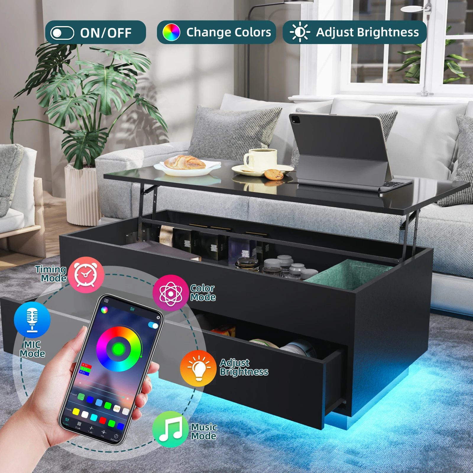 LED Lift Top Coffee Table with RGB Lights USB Power High Gloss 2 Hidden Storage Drawers Compartment Adjustable Height Table