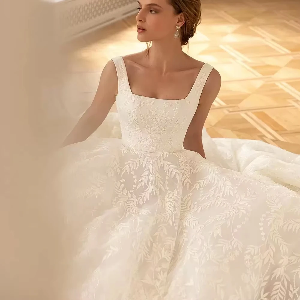 Customized Detachable Sleeves Square Neck Wedding Dress Lace Applique Bride Robe Graceful A-line Long Robe Bridal Gown