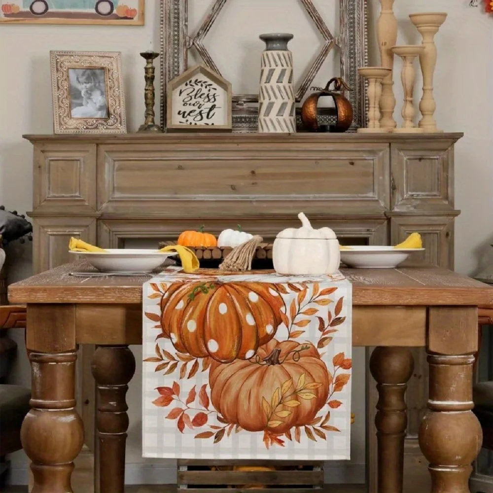 1 Piece of Autumn Polka Dot Pumpkin Table Runner, Featuring Orange Polka Dot Pumpkins and Autumn Leaves, Suitable for Restaurant, Home, Picnic, Harvest Party, and Market Decorations.