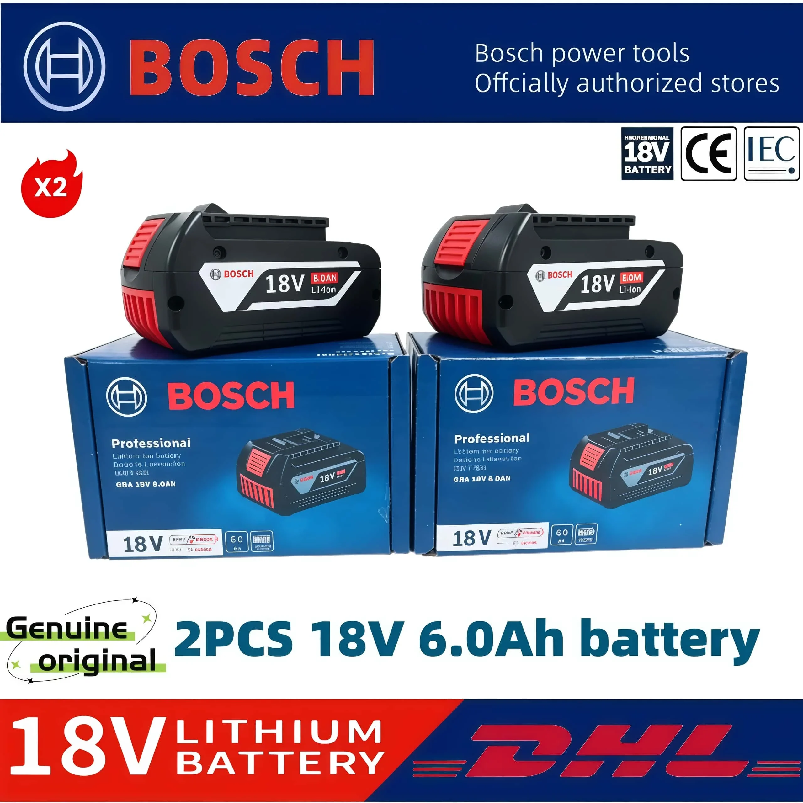 BOSCH Professional 18V 6.0Ah Lithium Battery Rechargeable Electric Tool Battery Compatible with BAT609 BAT609G BAT618 BAT618G