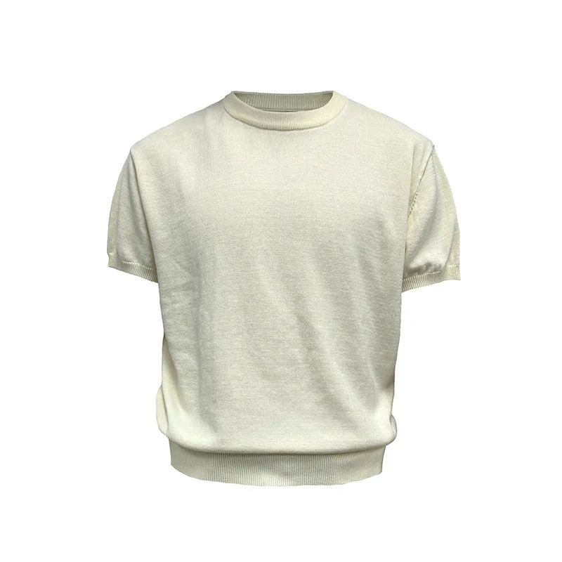 In Stock Solid Color Knitted Men'S Short Sleeve-Shirt Summer Breathable Loose Top Old Money Style Cool Knitted Shirt