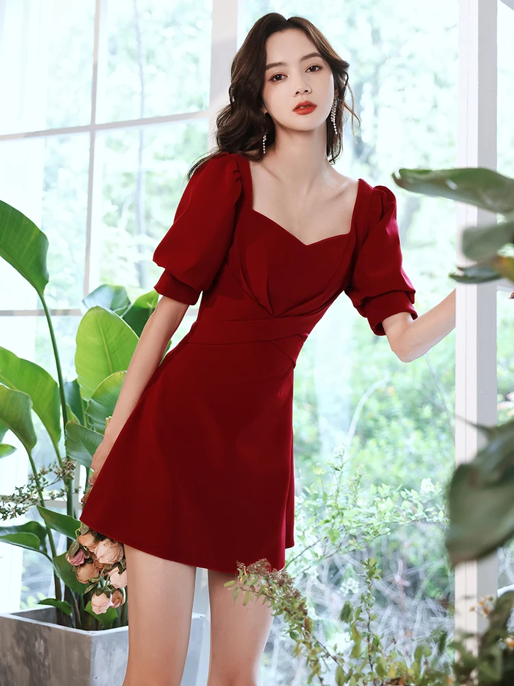 

ort Red Wedding Dr Fem Version Summer Suitable Qipao Sle Par Dr Korean Sle Bubble Sve Zipper Ba Dr