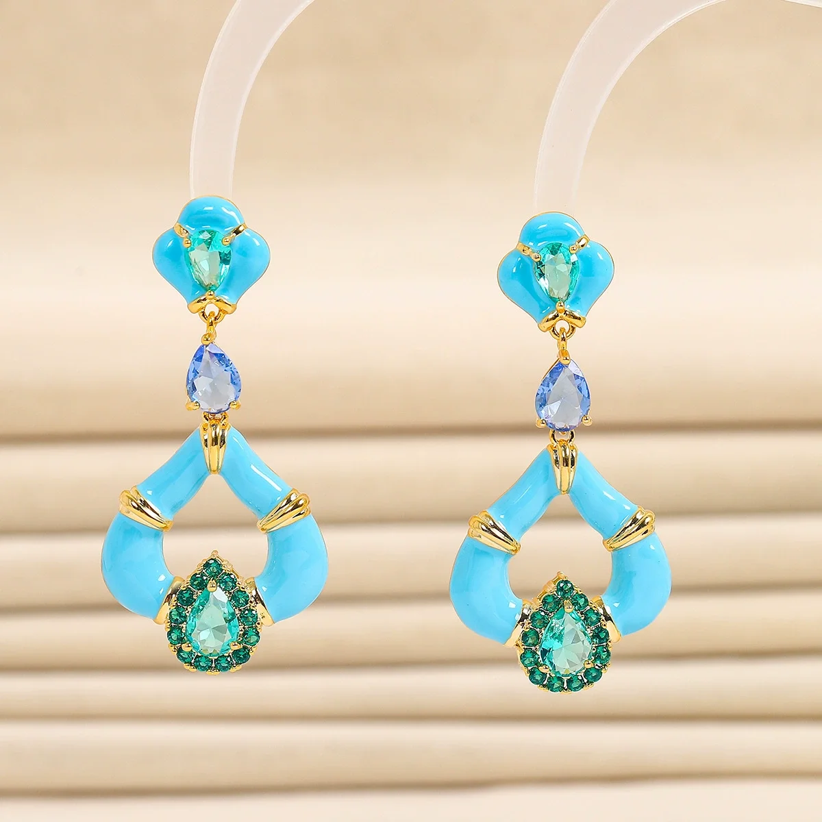 

Gold Tone Turquoise Enamel & Multi-Color Gemstone Drop Earrings, Women's Fashion Jewelry