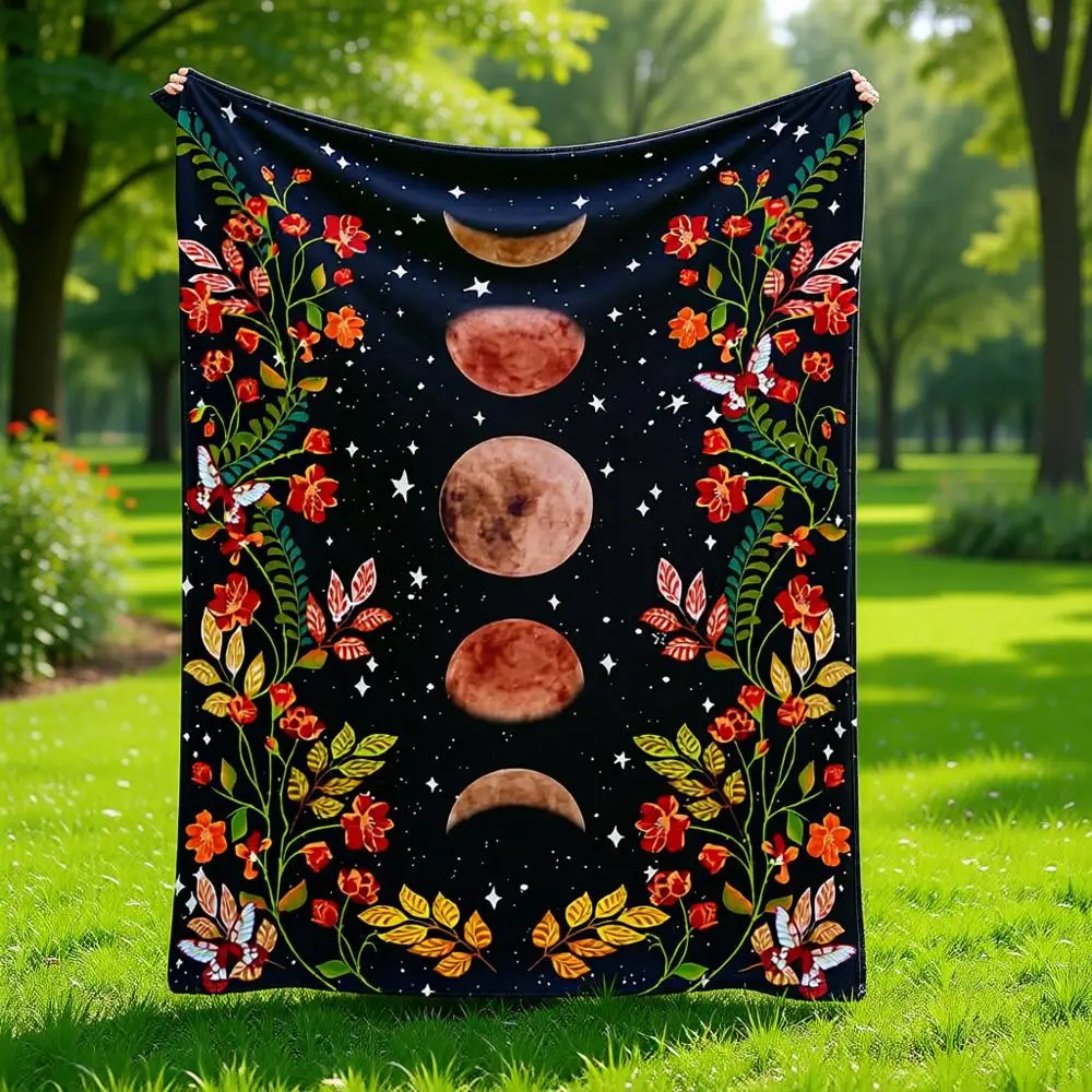 

Moonlit Garden Throw Blanket, Moon Phase Surrounded by Vines and Flowers, Cozy Decor Blanket for Sofa, Bed, Chair or Dorm, 68x90