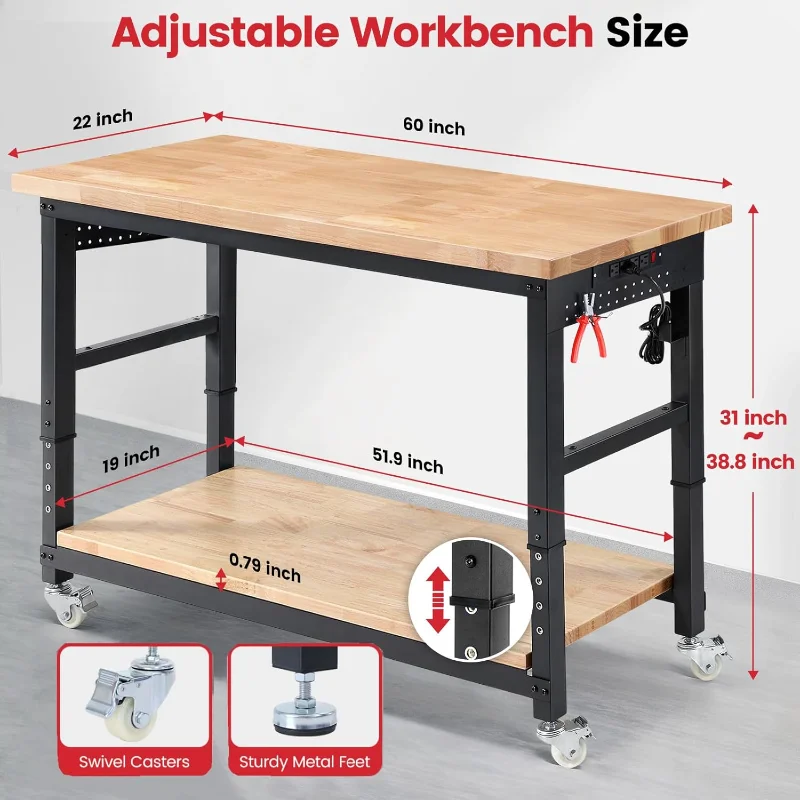 Workbench for Garage with Wheels 60 x 22 Inch Heavy Duty Rubberwood Tabletop Work Table with Under Table Shelf, Pegboard