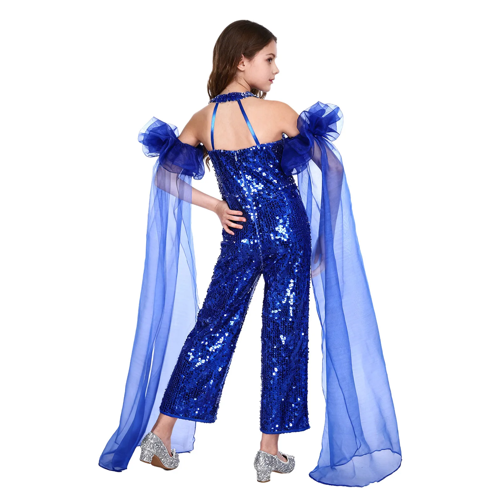 Kids Girls Shiny Sequin Pageant Rompers And Tulle Oversleeves Halter Neck Strappy Back Sleeveless Wide Leg Jumpsuit Party Gown