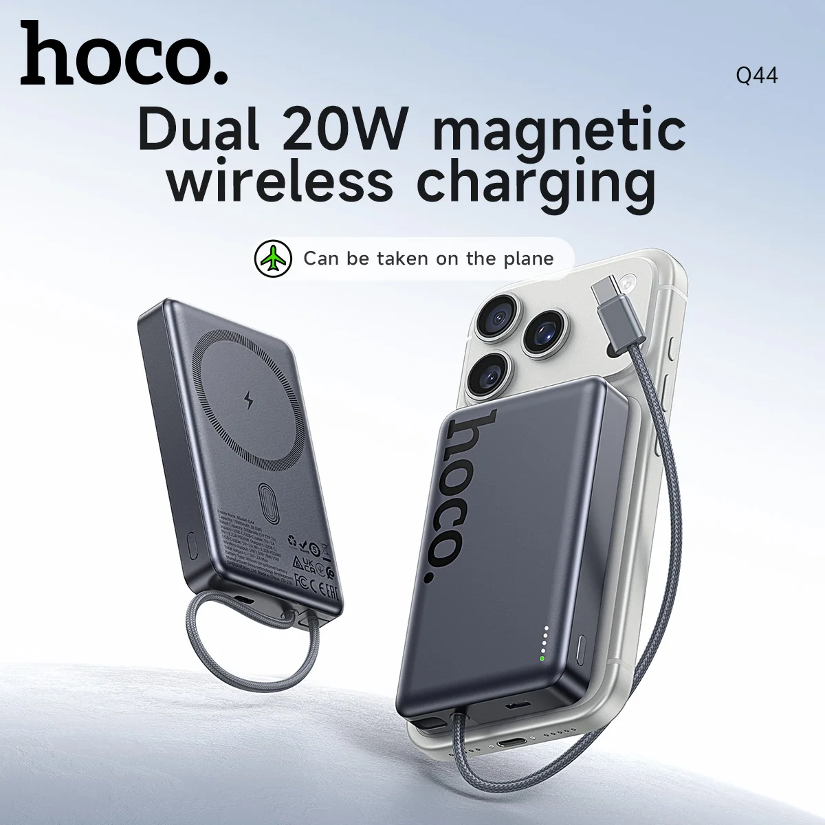 HOCO PD20W Banco de energía de carga inalámbrica magnética para iPhone 16 15 Pro Max Cable USB C incorporado batería de carga rápida para Samsung