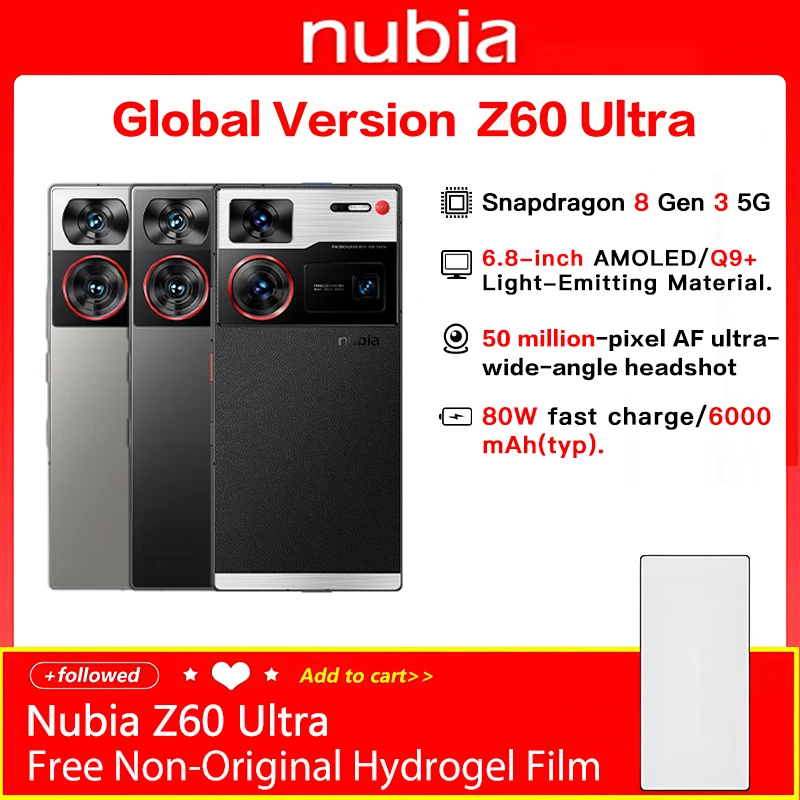 

Global Version Nubia Z60 Ultra NX721J Snapdragon 8 Gen 3 6.8 Q9+ Full IP68-level Screen 6000mAh 64MP NFC NUBIA 5G Camera Phone