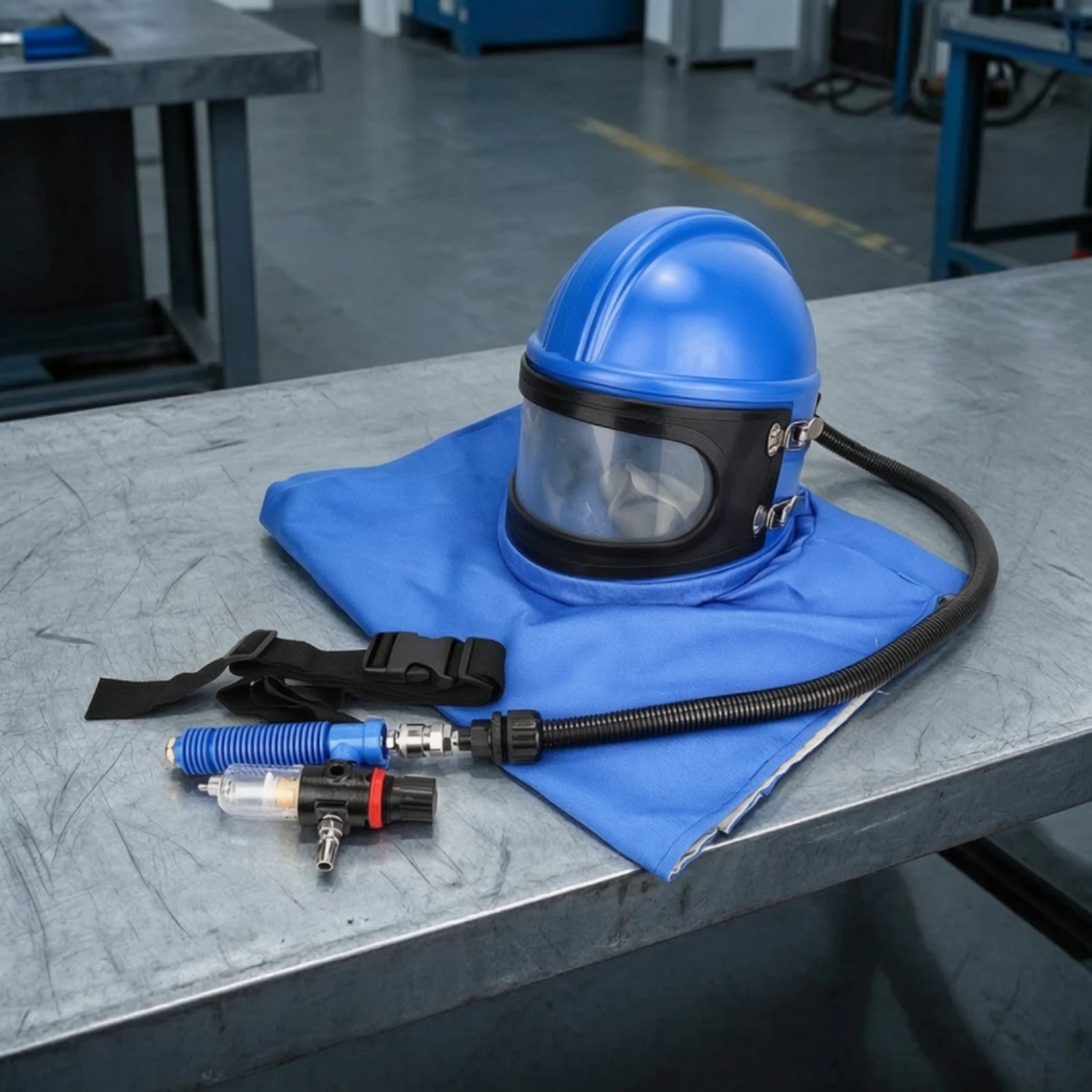 Air Fed Sandblasting Helmet Adjustable Air-Supplied Blasting Helmet Sandblasting Hood with Cape Hands-Complimentary