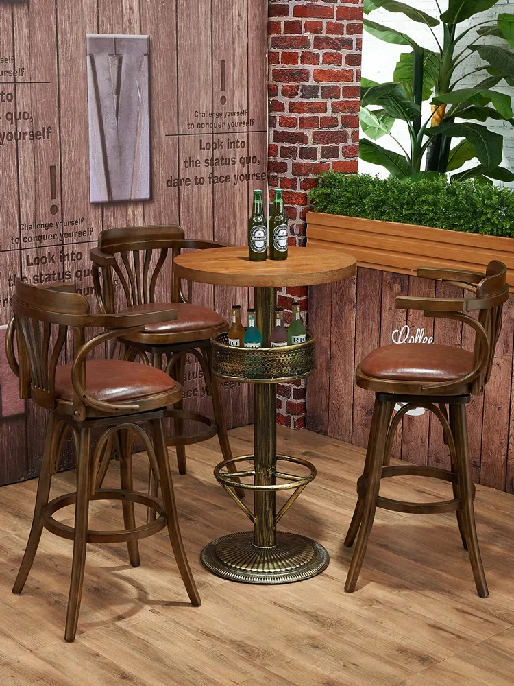 Hot Selling American Style Retro Solid Wood Bar Chair Home Bar Stool  Adjustable Swivel Bar Restaurant Coffee Shop Chair