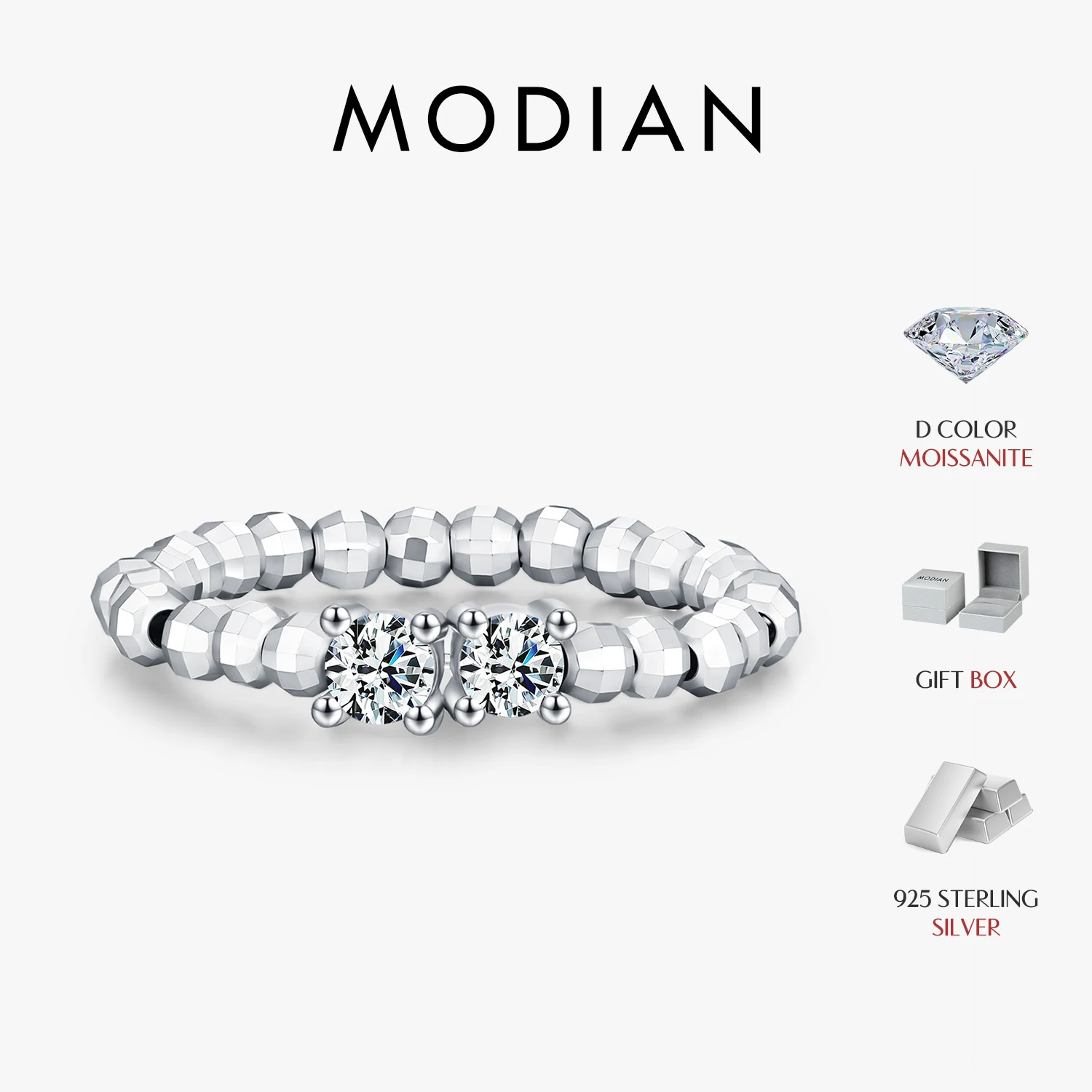 MODIAN 0.2CT Round Moissanite Stacking Rings 925 Sterling Silver Fashion Beaded Finger Rings For Women Fine Jewelry
