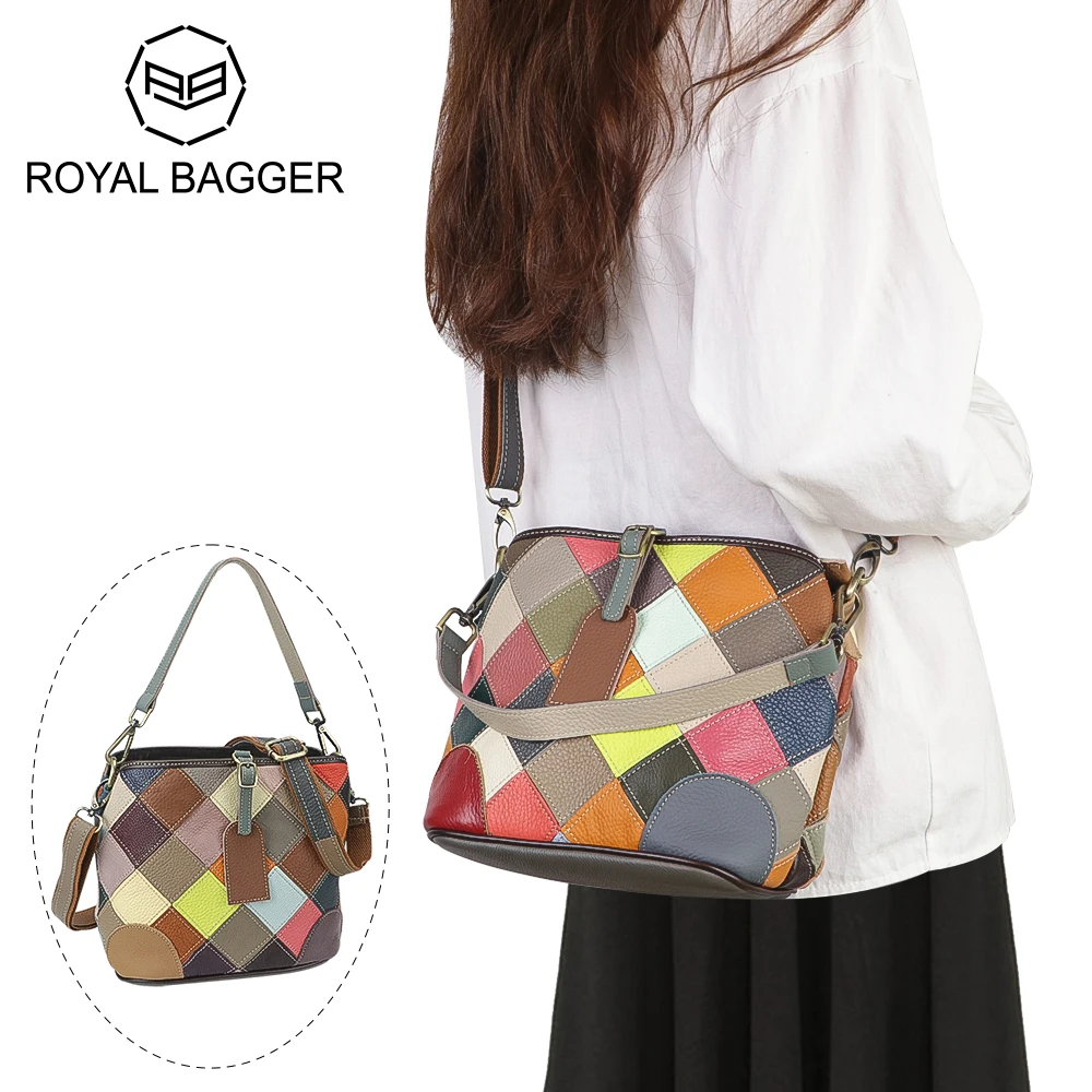 

Royal Bagger Genuine Leather Crossbody Shoulder Bag, Color Stitching Plaid Satchel Purse, Large Capacity Handbag for Women 1821