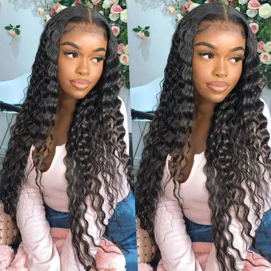 Deep Wave Frontal Wig 13x4 Transparent Lace Frontal Wig PrePlucked 28 30 Inch Deep Curly Lace Front Human Hair Wigs For Women