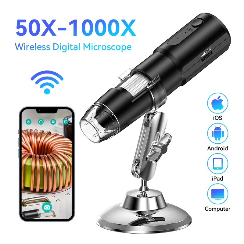 Bezprzewodowy mikroskop cyfrowy Powiększenie 50X-1000X Elastyczny stojak na system Android IOS iPhone PC Elektroniczny mikroskop stereo Wifi