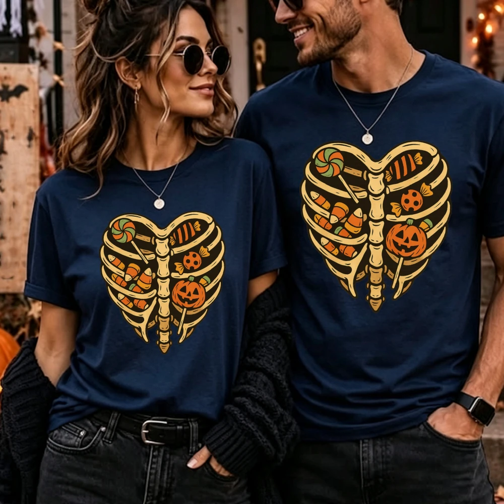 Skeleton Ribcage Candy T Shirt Cotton Unisex Halloween Candy Corn Pumpkin Graphic Tee Funny Spooky Short Sleeve Casual Top Gifts