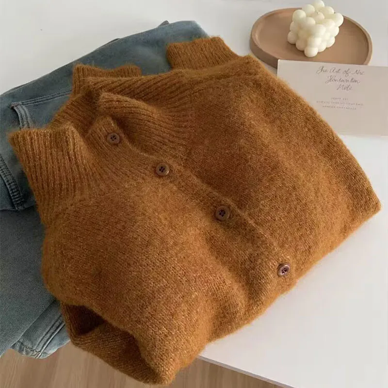 Autumn Winter Comfortable Warm Soft Wool Turtleneck Sweaters Women Clothing Fashion Simple Vintage Loose Casual Knitted Cardigan