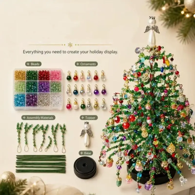 1 Set Kristallperlen-Material Mini-Weihnachtsbaum-Ornament Unfertiges DIY-Set für handgemachtes Perlenweben und Perlen-Weihnachtsbaum – Detail 1