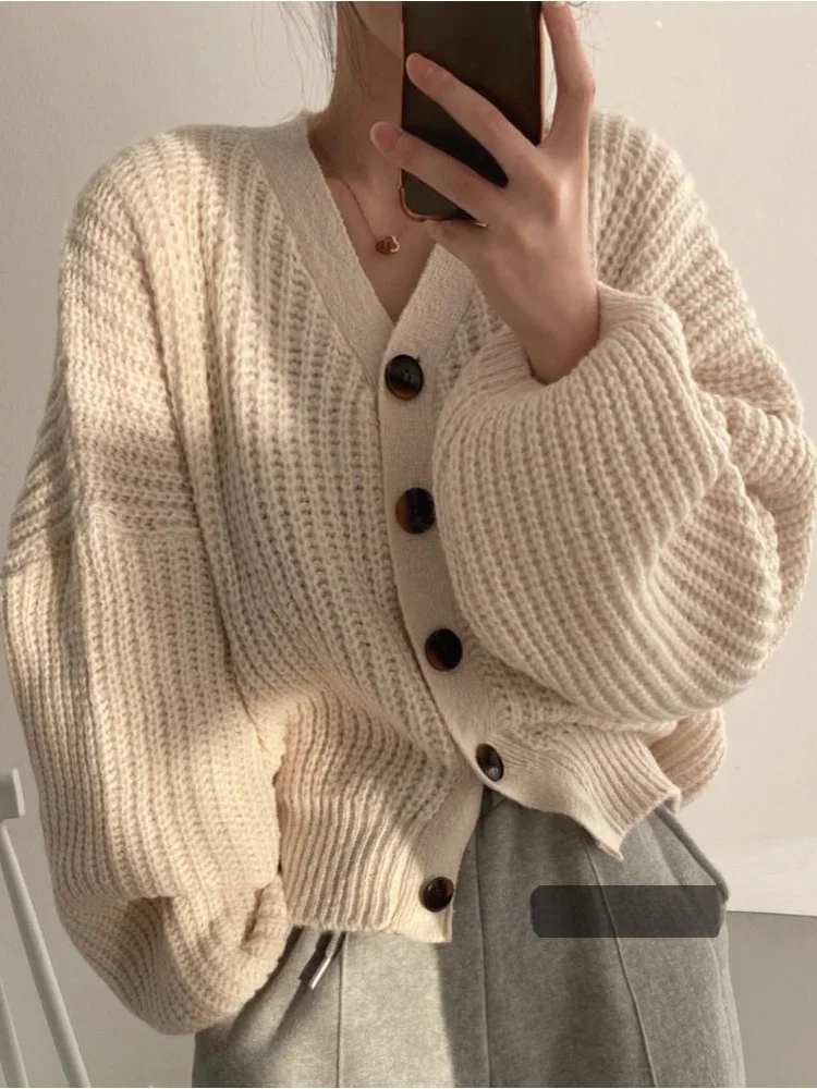 

Chic Autumn Simple Lazy Sle V-Ne Bubble Sve Loose Knitted Open Cardigan Sweater Jaet Women's Faion Commute Loose Fit