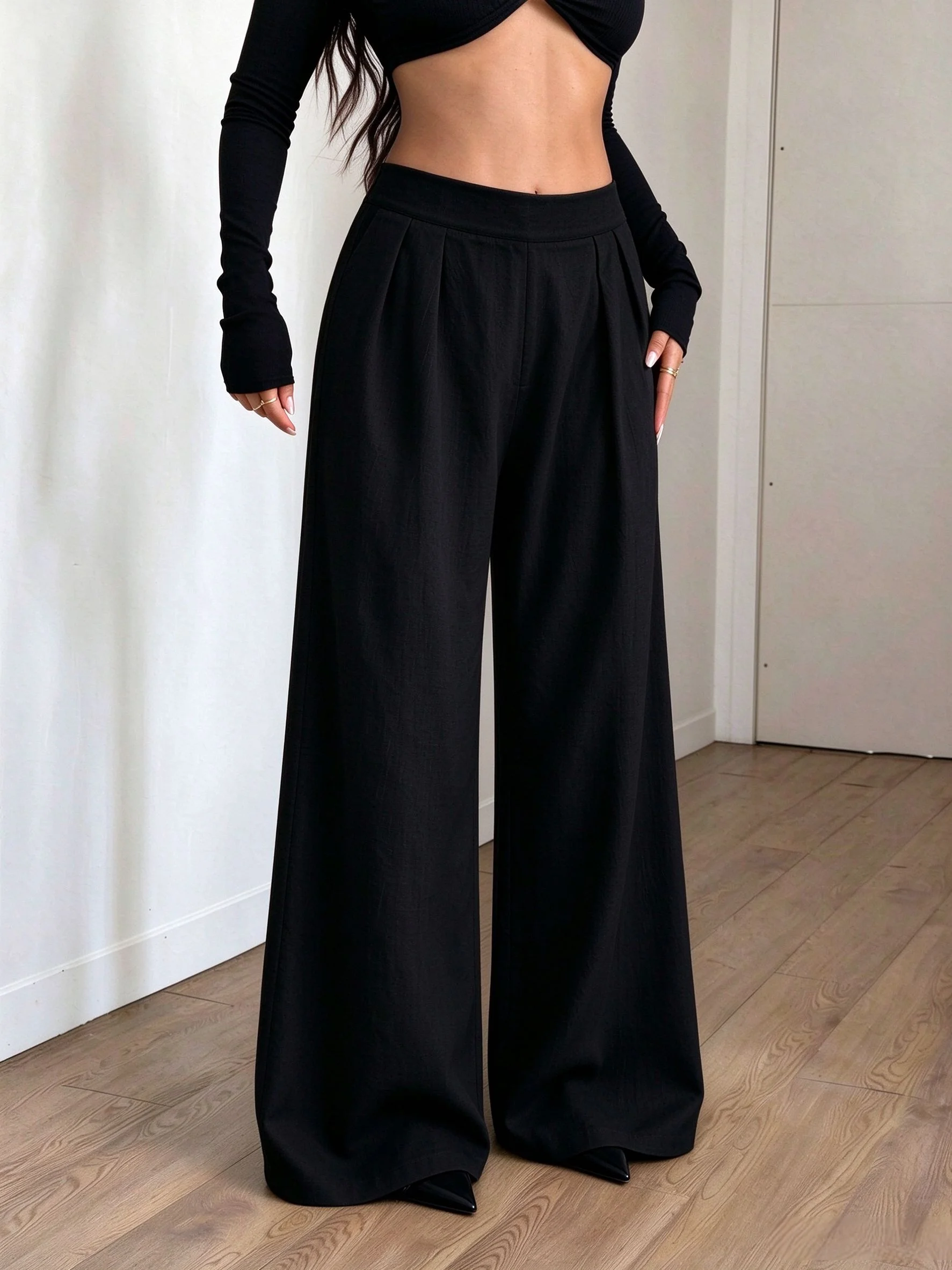 Damen High-Waist Plissierte Weite Hose mit Crinkle-Textur, Lose Palazzo-Hose mit Hochelastischem Bund, Lässige Urlaubs- und Strandhose – Detail 2