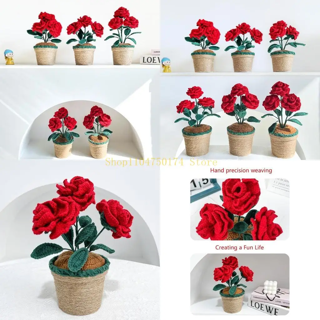 

Вязаный вручную цветок розы крючком, тканый цветок в горшке, настольные украшения, лидер продаж