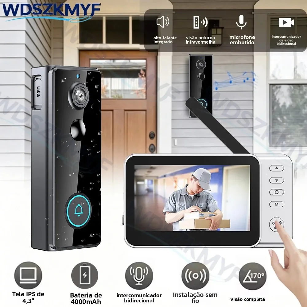 waterproof-video-monitoring-doorbell-43-inch-ips-screen-4000mah-pir-motion-sensor-two-way-intercom-24g-video-doorbell-camera