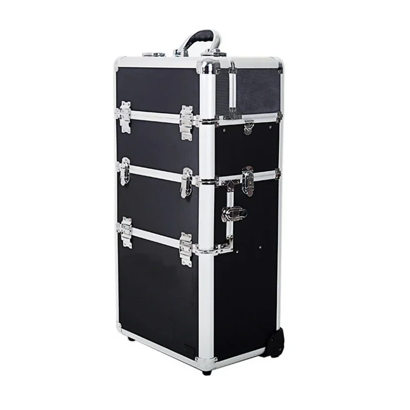 Professional pull rod type multi-layer large black makeup cosmetic trolley case with wheels