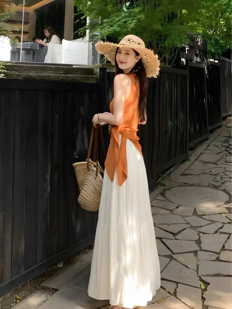 

Summer Vacation Style Women's Outfit 2026 Sleeveless Top And Skirt Set High Waist Elastic Fabric round Neckline Two-Piec...