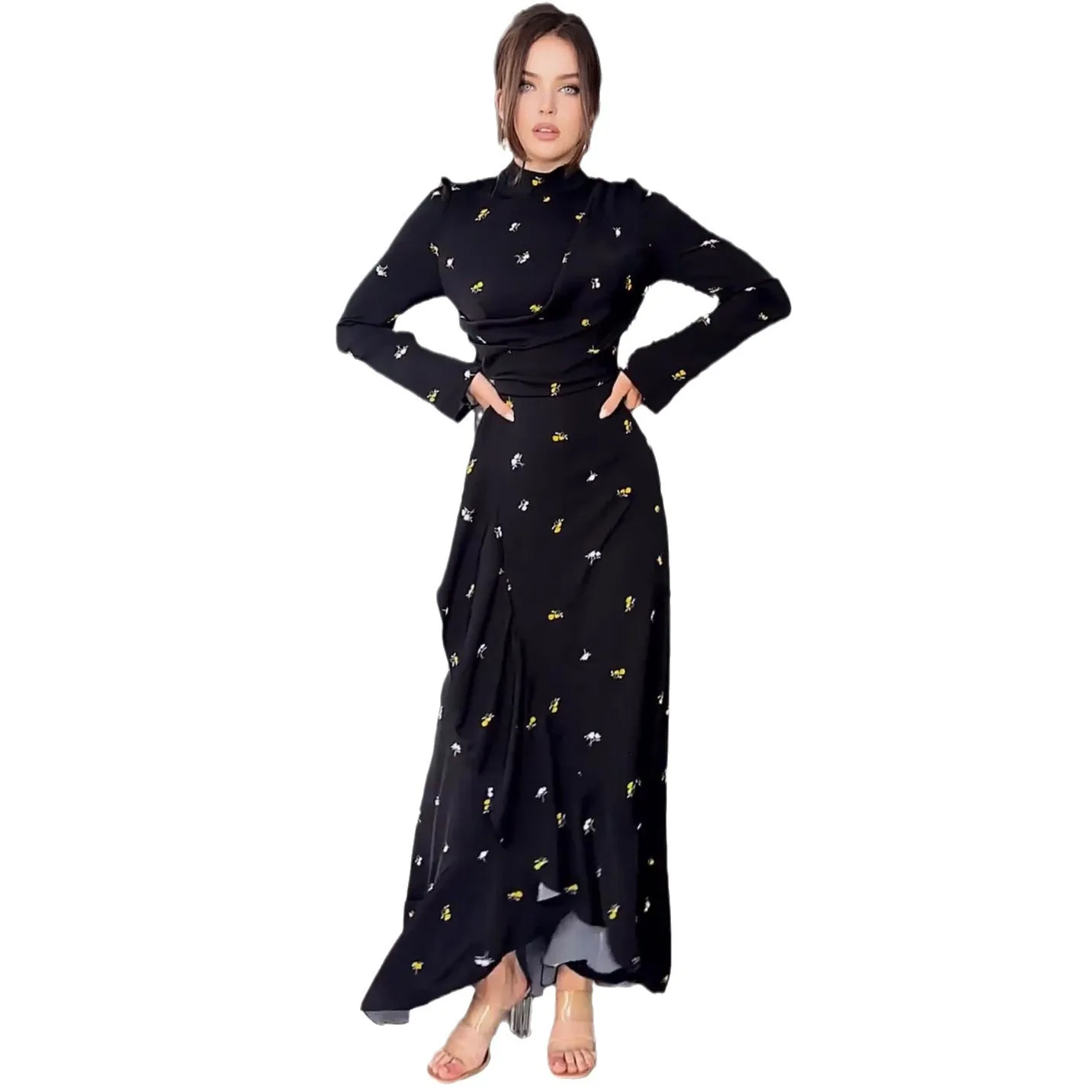 Dubai Arab Long Dress Women 2024 Autumn New Fashion Style Long Sleeve Slim Fit Ruffle Dress Long Dress Stand Collar Clothing