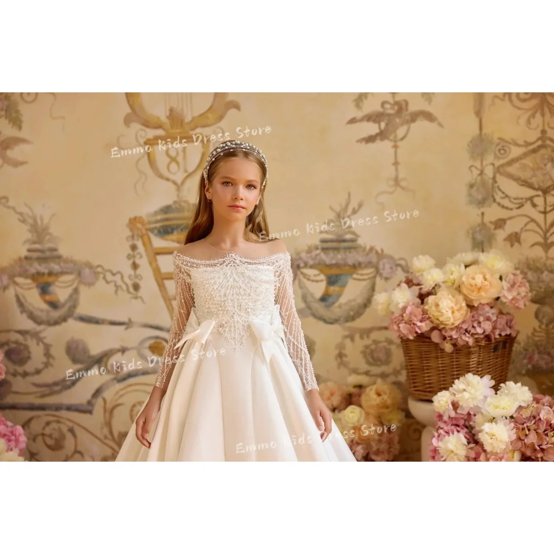 Custom Luxury White Pearl Beaded Flower Girl Dress Wedding Puffy Skirt First Communion Baby Girl Birthday Party view 4