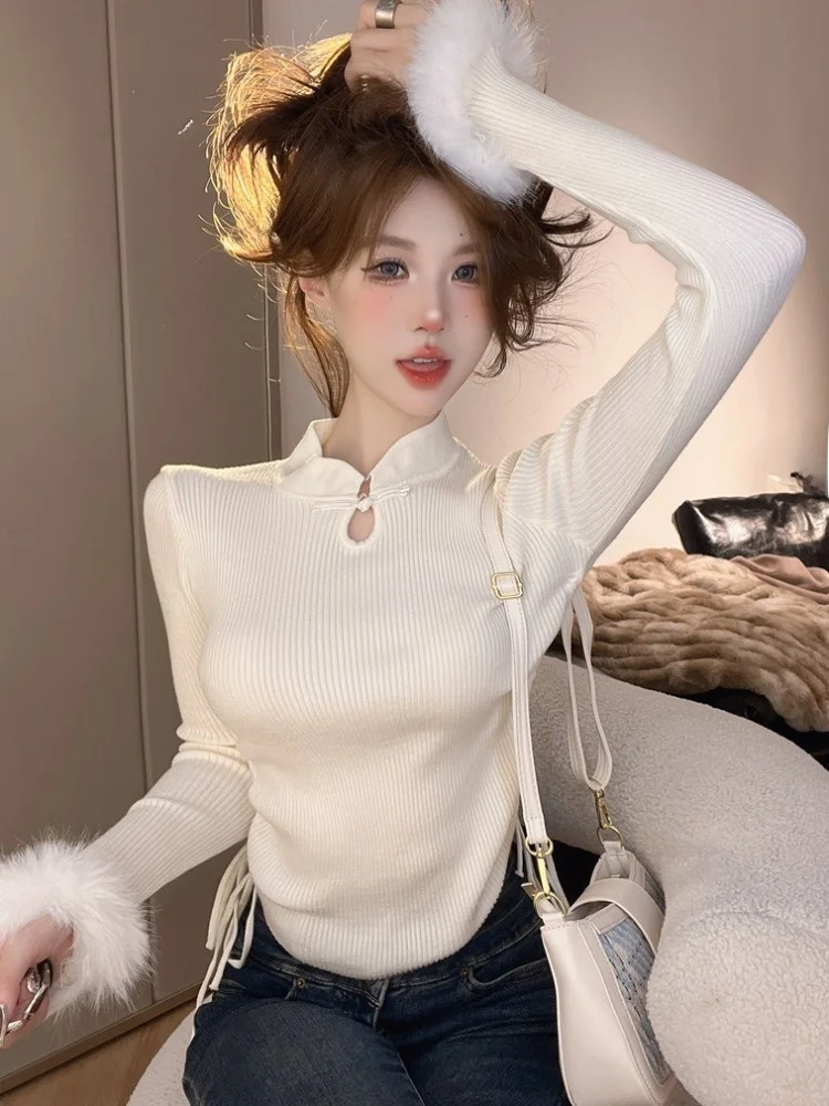 

New Chinese Style Knitted Base Shirt Women's Inner Wear Autumn Winter Pure Desire Half High Collar Furry Qipao Sweater