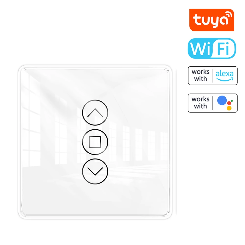 

Умный Wi-Fi выключатель для штор Tuya с сенсорным экраном из изогнутого стекла, панель управления шторами, совместимая с Alexa Assistant