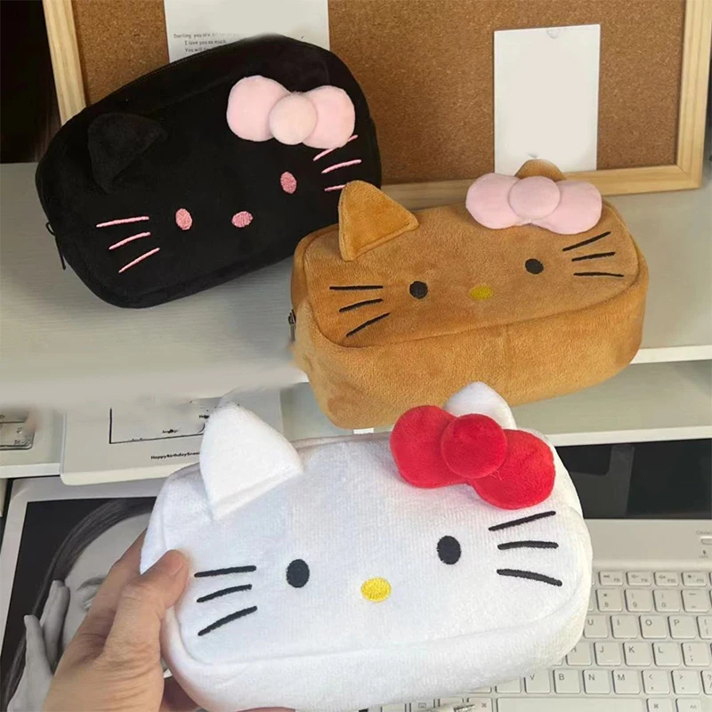 Cute Sanrio Hello Kitty Cat Plush Pencil Case Cinnamoroll Makeup Cosmetic Bag For Girls Organizer Stationery Travel Storage Bags