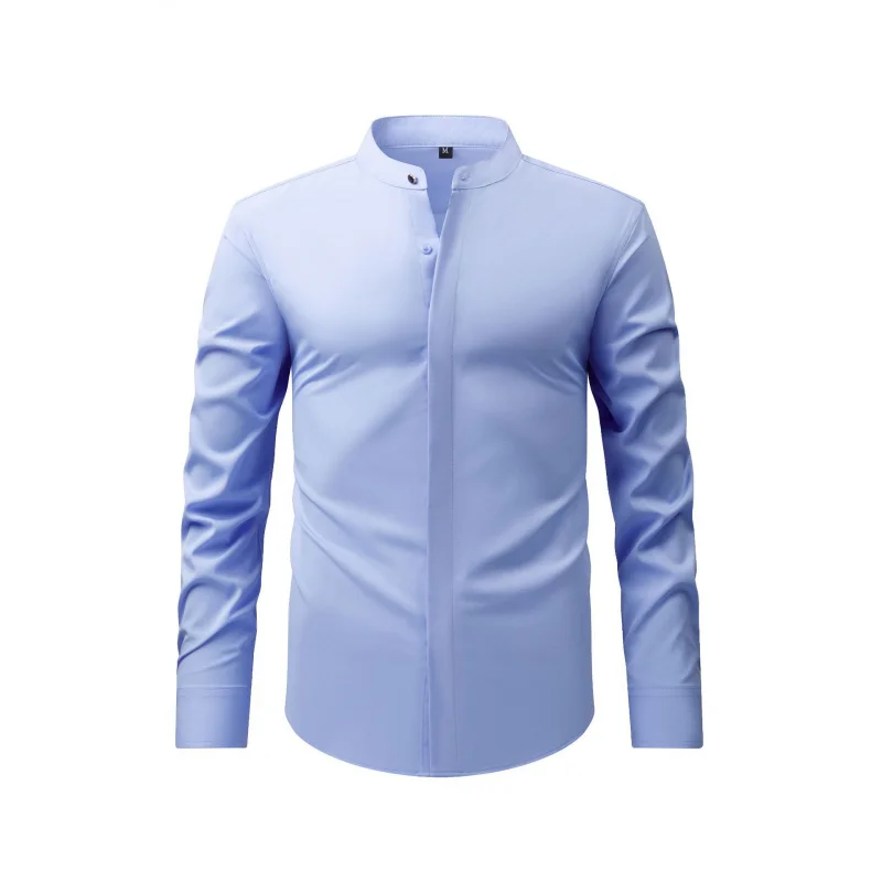Spring and Autumn Men's Retro Stand Collar Long Sleeve Shirt Stretch  Business Casual Shirt New Top