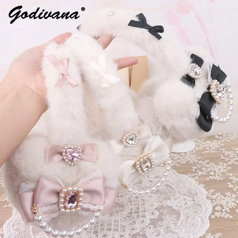 Handmade Japanese Sweet Mine Hairy Rhinestone Big Love Bow Warm Earmuffs Lolita Sweet Girls Earmuffs