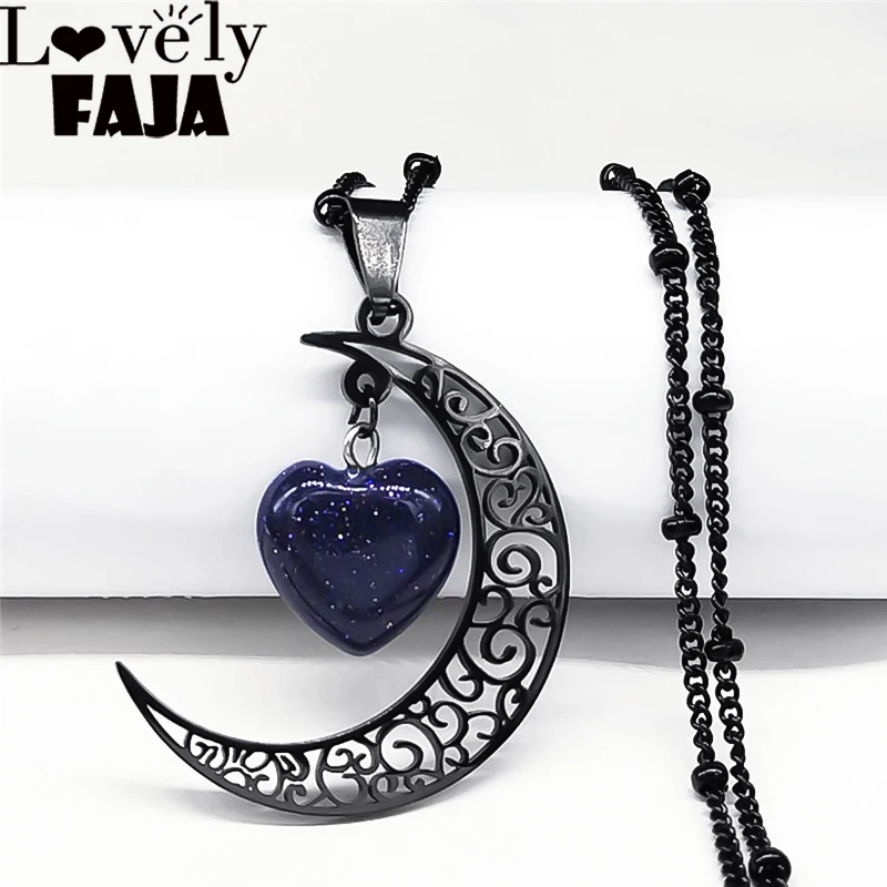 Black Color Stainless Steel Natural Stone Charm Necklace Women Moon Heart Necklace Jewelry acero inoxidable joyeria N6325S03