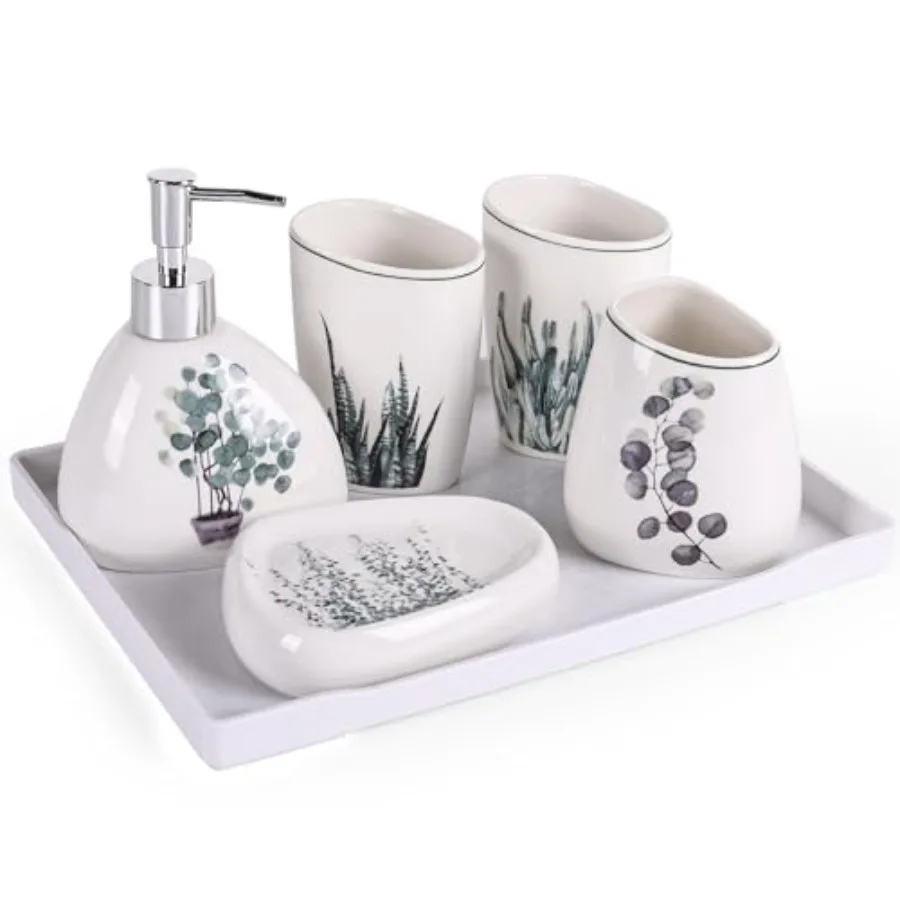 

White Bathroom Accessories Set, Modern Countertop Bathroom Decor, Luxury 6 Pcs Bathroom Accessory Set, Complete with Soap Dispe