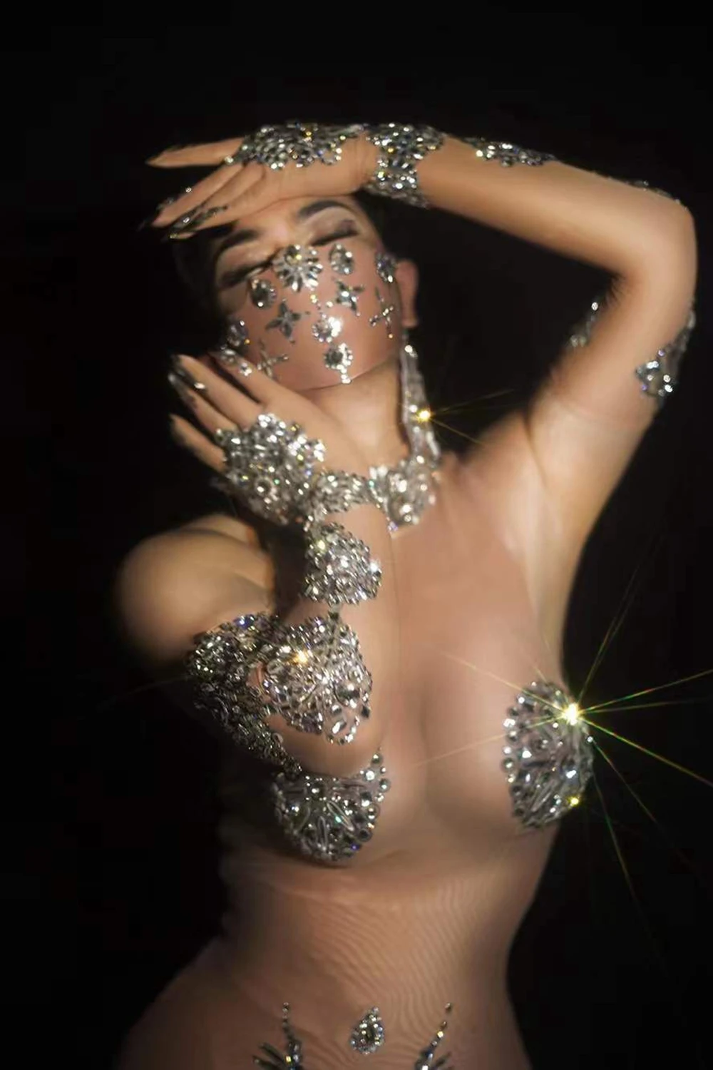 Conjunto de guantes de baile con cristales brillantes, leotardo Sexy con perspectiva de malla, cantante y bailarina de escenario para ropa, traje de fiesta para club nocturno