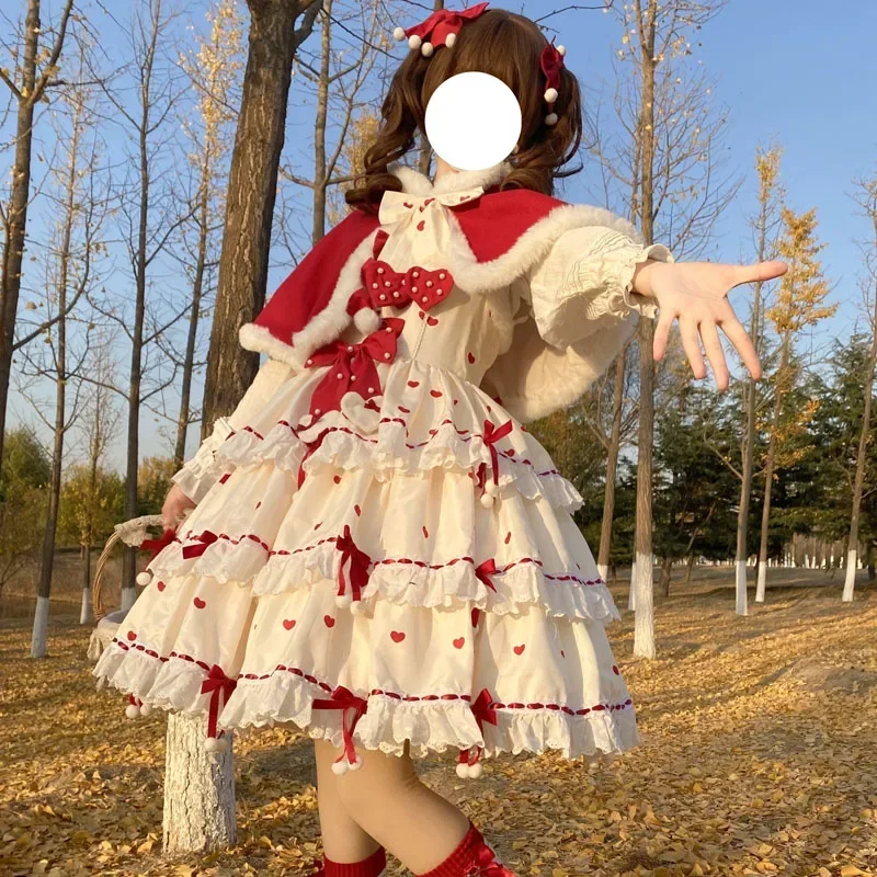 Gothic Lolita Dress Victorian Little Red Riding Hood Cosplay Christmas New Year Red Cape Girl Op Long Sleeve Dress Fairy Tales