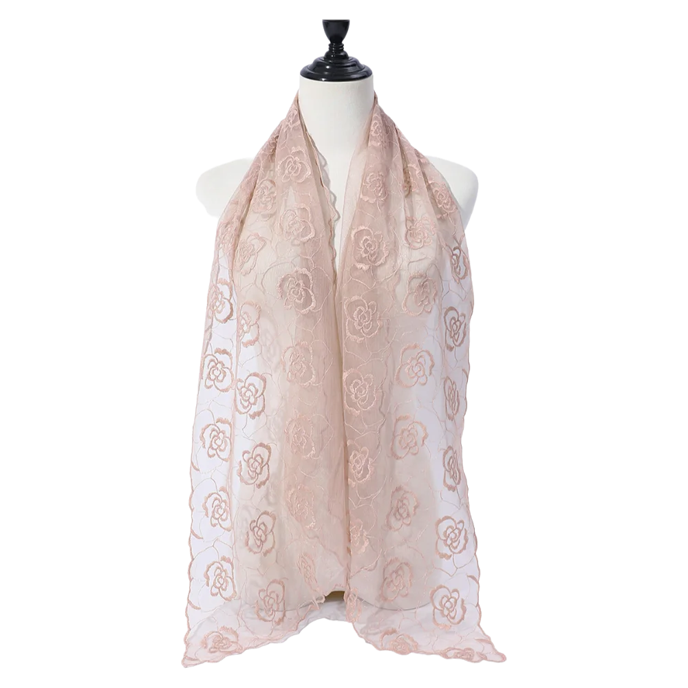 

Elegant Embroidered Flower Lace Scarf Breathable Mesh Long Female Headscarf Lightweight Sunscreen Shawl Women