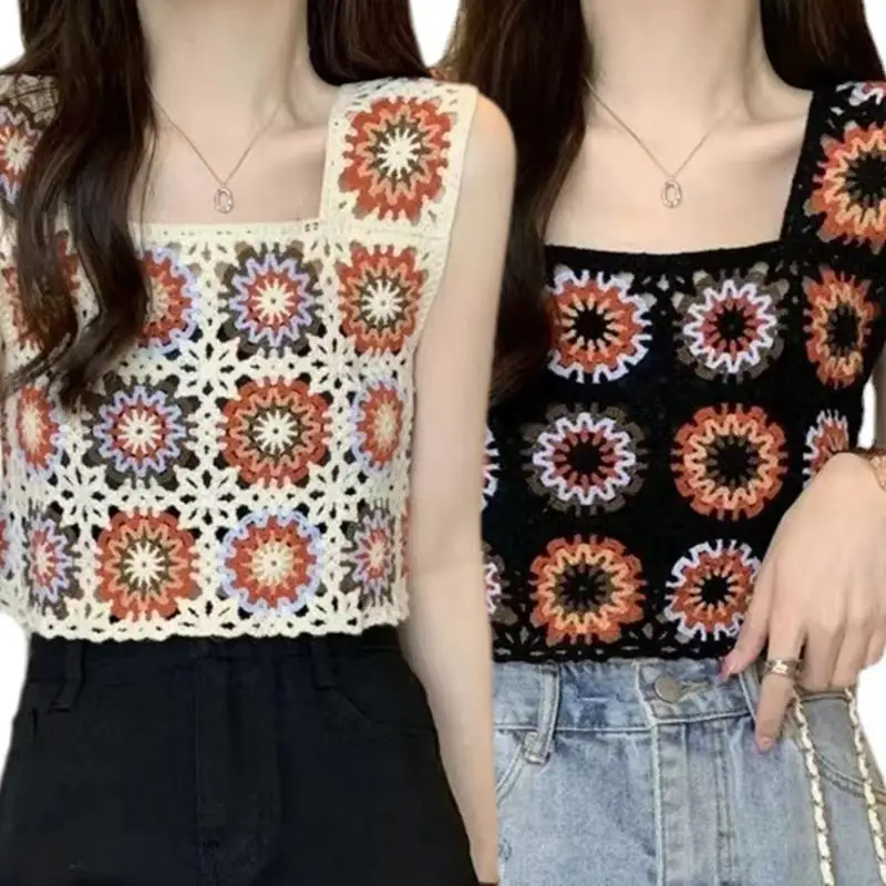 

P88A Women Vintage Crochet Knit Colorful Geometric Floral Crop for Tank Top Outwear V