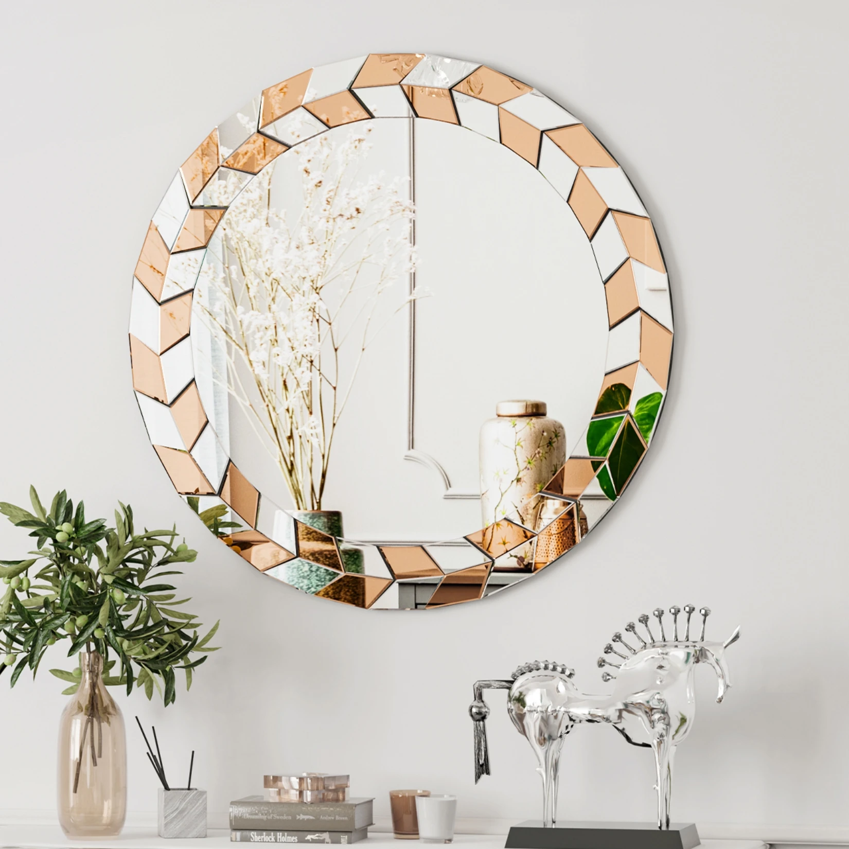 Large Decor Wall Mirror 60 CM Round Vanity Mirror with Beveled Glass Olive Leaves Frame Edge Modern Style for Home Livingroom