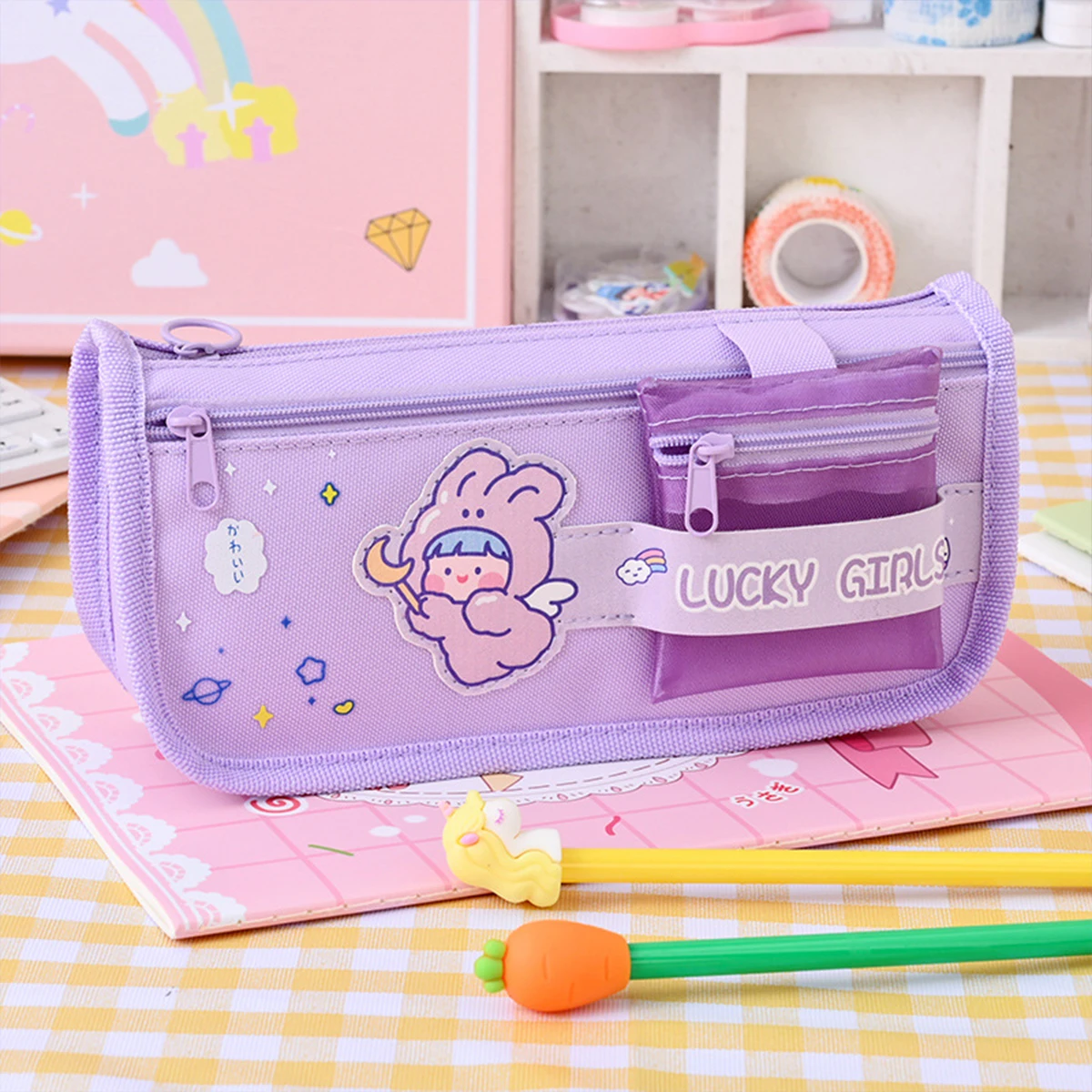 1pc Pink/Purple Kawaii style pencil case, Cute colored pencil case layers small item storage bag, back to school season