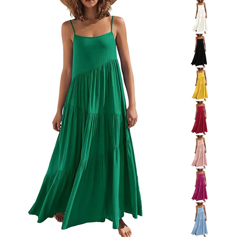 

2024Summer European Women's Loose Solid Color Pleated Irregular Dress Beach Vest Dress