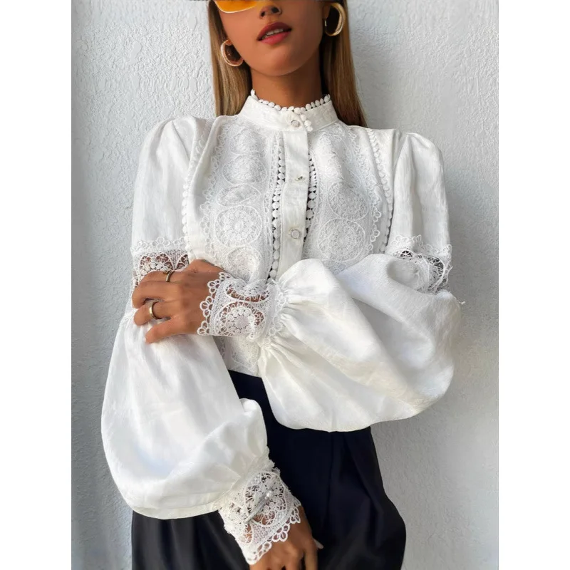 

Spring/Summer Women's Lace Splicing Lantern Sleeve Casual Shirt Commuter Friendly Elegant Design 2026 Fashion Trend
