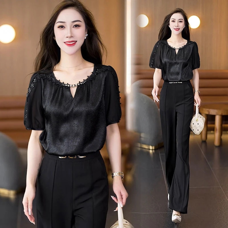 Blusa de gasa de estilo francés para mujer, Tops de manga corta con cuentas y cuello redondo, ropa informal elegante para uso diario, verano 2025